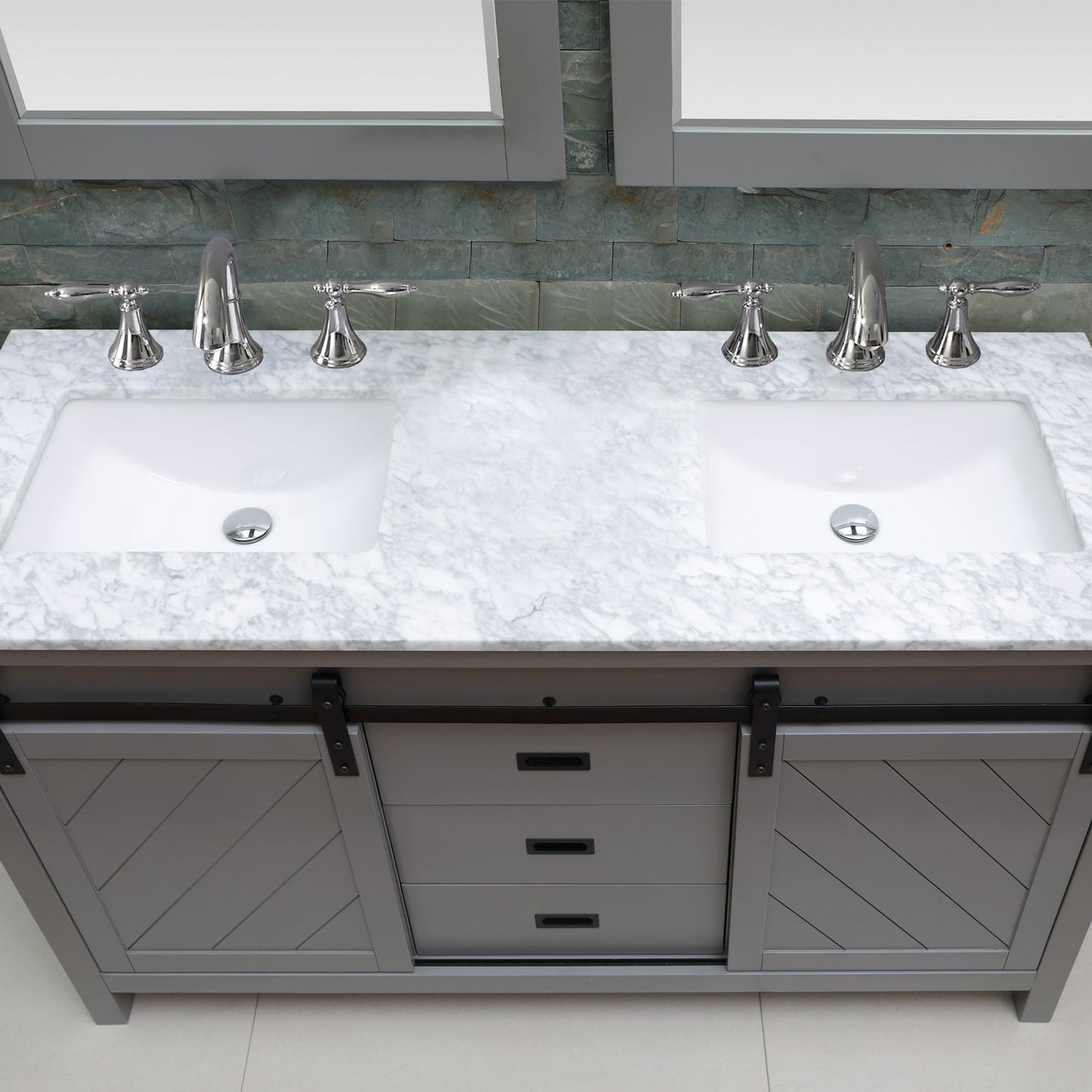 Kinsley 60" Double Bathroom Vanity Set in Gray and Carrara White Marble Countertop with Mirror