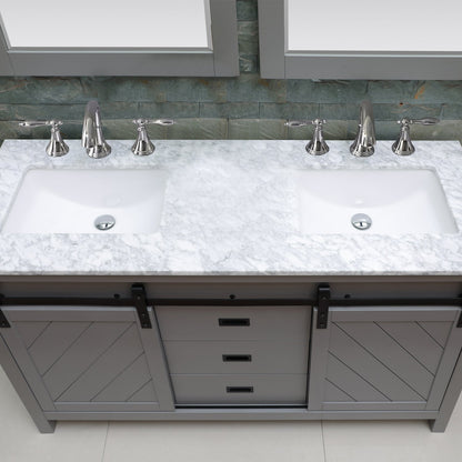 Kinsley 60" Double Bathroom Vanity Set in Gray and Carrara White Marble Countertop with Mirror