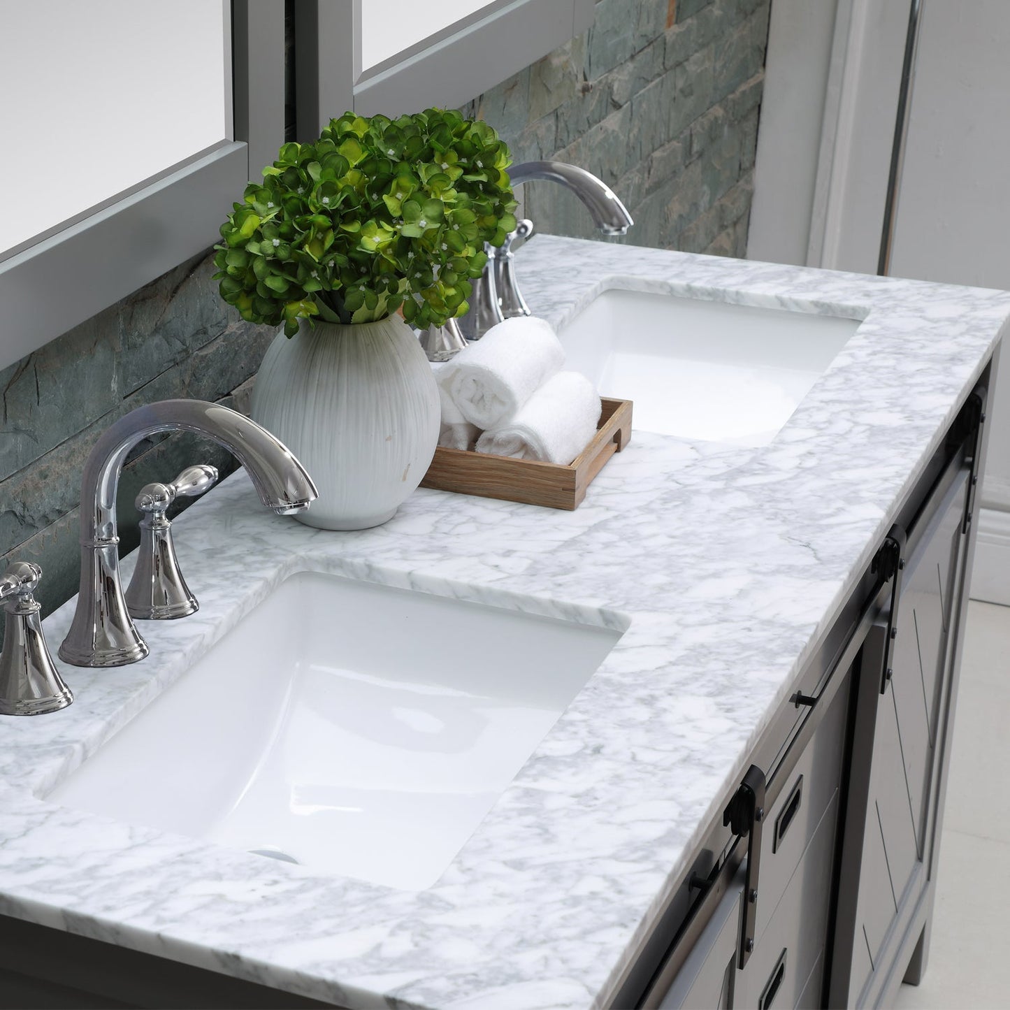 Kinsley 60" Double Bathroom Vanity Set in Gray and Carrara White Marble Countertop with Mirror