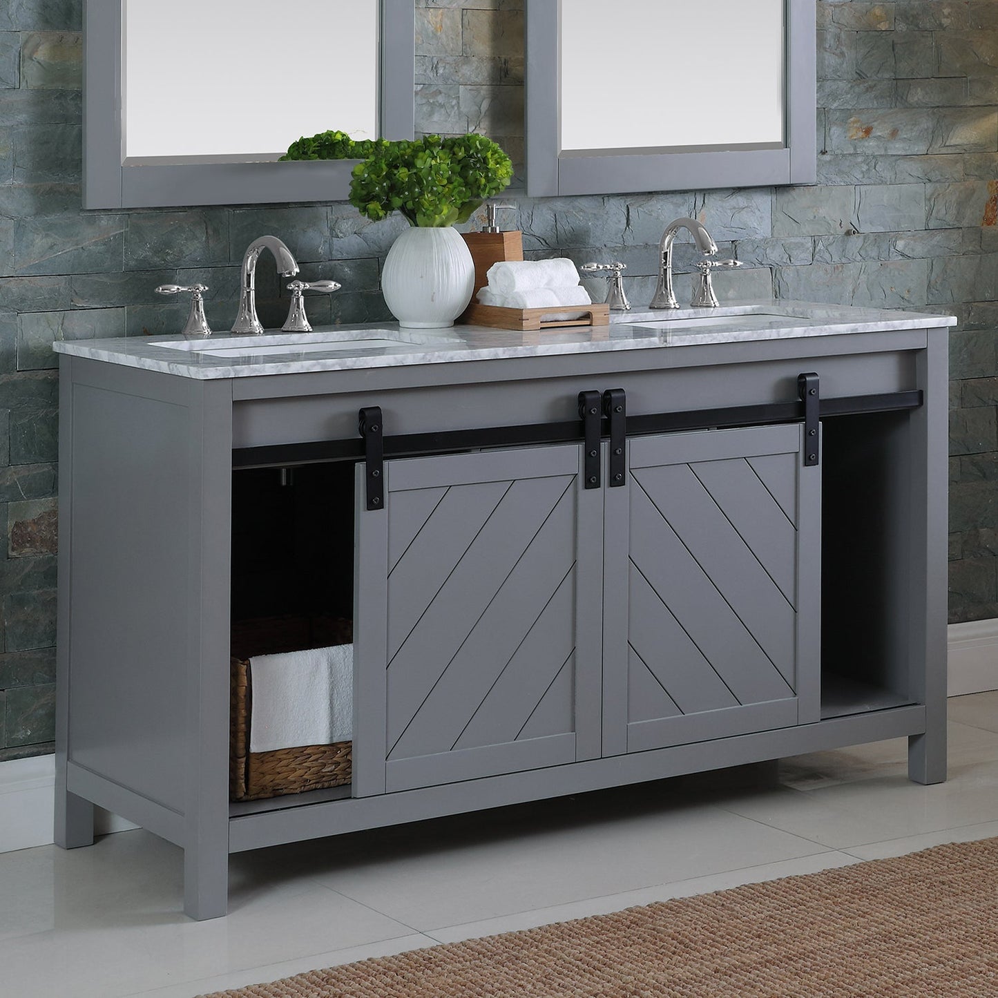 Kinsley 60" Double Bathroom Vanity Set in Gray and Carrara White Marble Countertop with Mirror