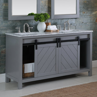 Kinsley 60" Double Bathroom Vanity Set in Gray and Carrara White Marble Countertop with Mirror