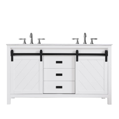 Kinsley 60" Double Bathroom Vanity Set in White and Carrara White Marble Countertop without Mirror