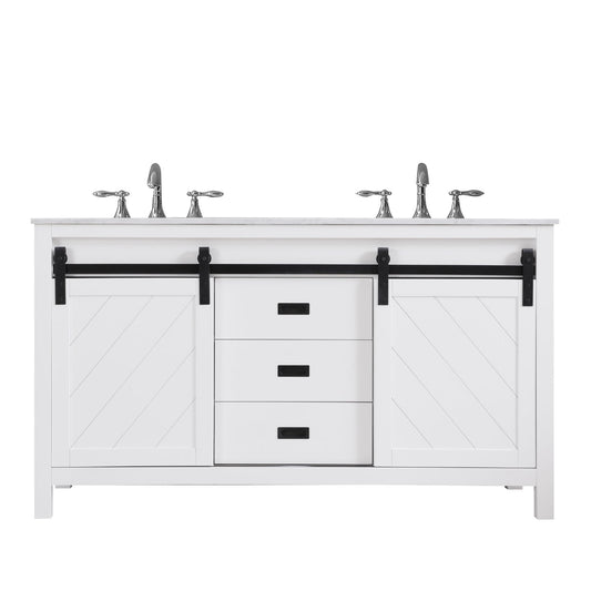 Kinsley 60" Double Bathroom Vanity Set in White and Carrara White Marble Countertop without Mirror
