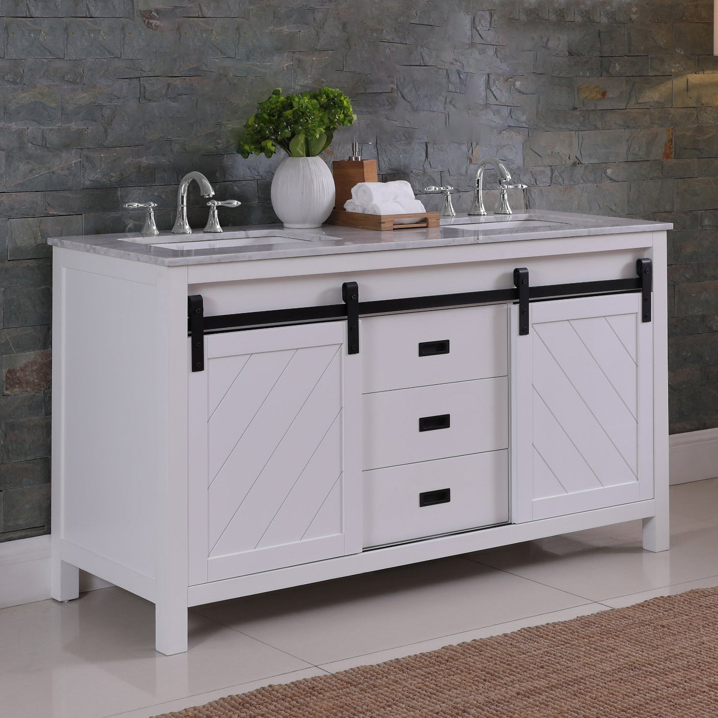 Kinsley 60" Double Bathroom Vanity Set in White and Carrara White Marble Countertop without Mirror