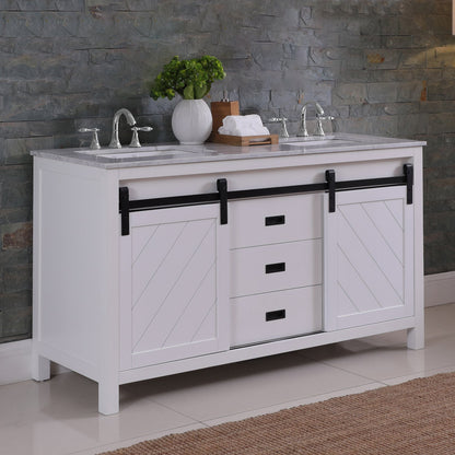 Kinsley 60" Double Bathroom Vanity Set in White and Carrara White Marble Countertop without Mirror