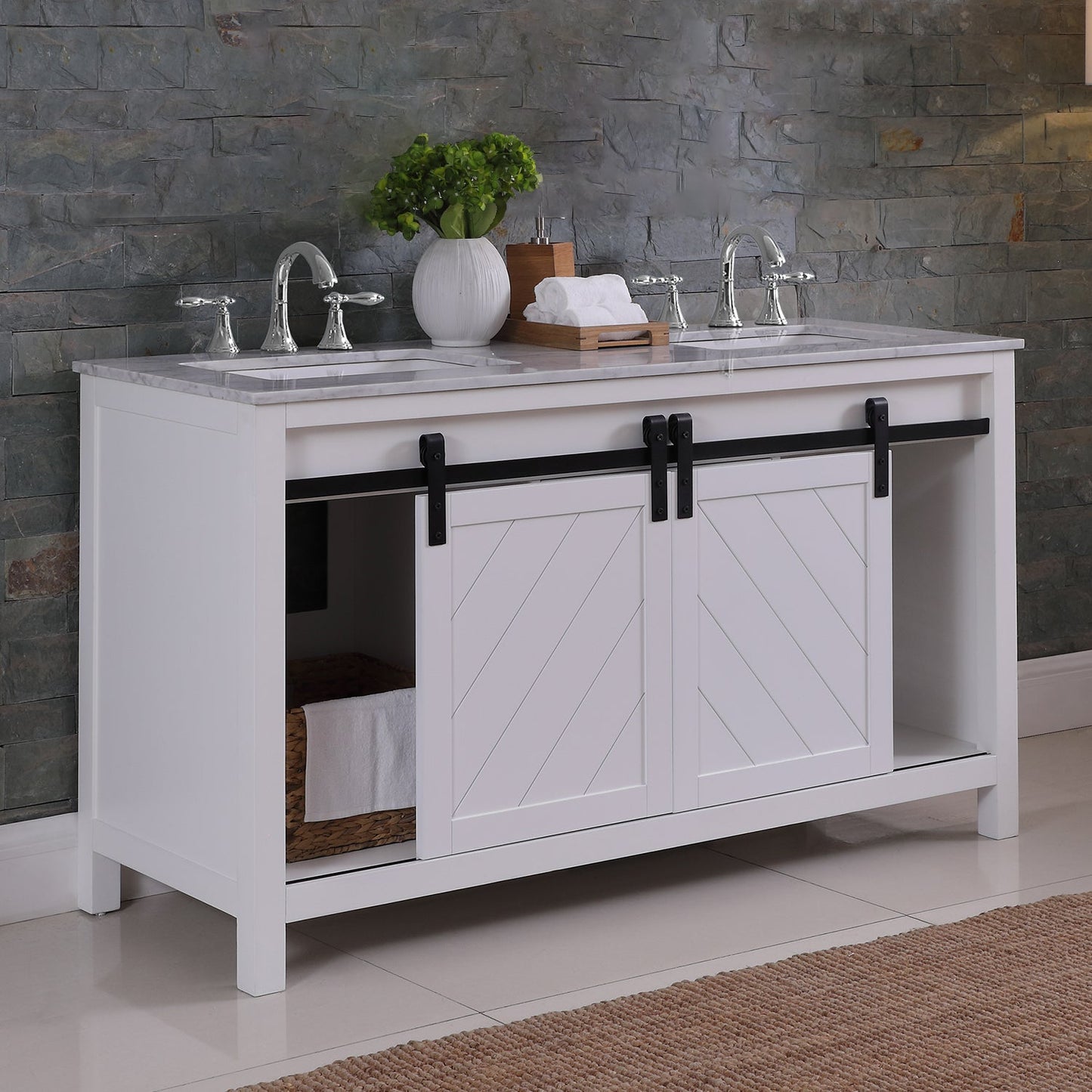 Kinsley 60" Double Bathroom Vanity Set in White and Carrara White Marble Countertop without Mirror