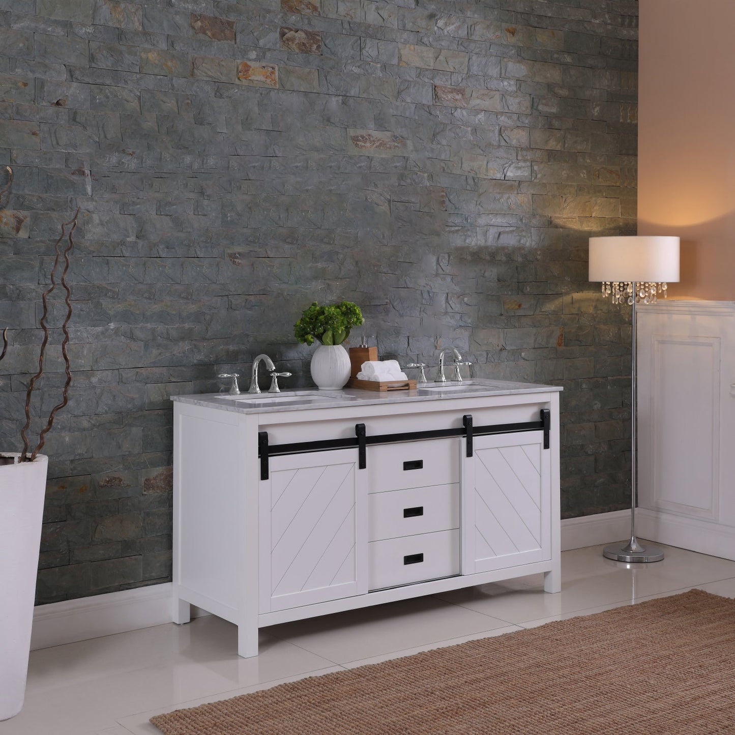 Kinsley 60" Double Bathroom Vanity Set in White and Carrara White Marble Countertop without Mirror
