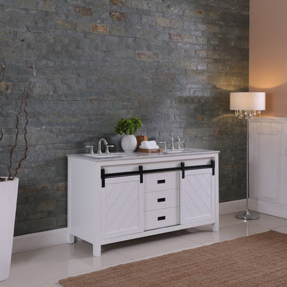 Kinsley 60" Double Bathroom Vanity Set in White and Carrara White Marble Countertop without Mirror