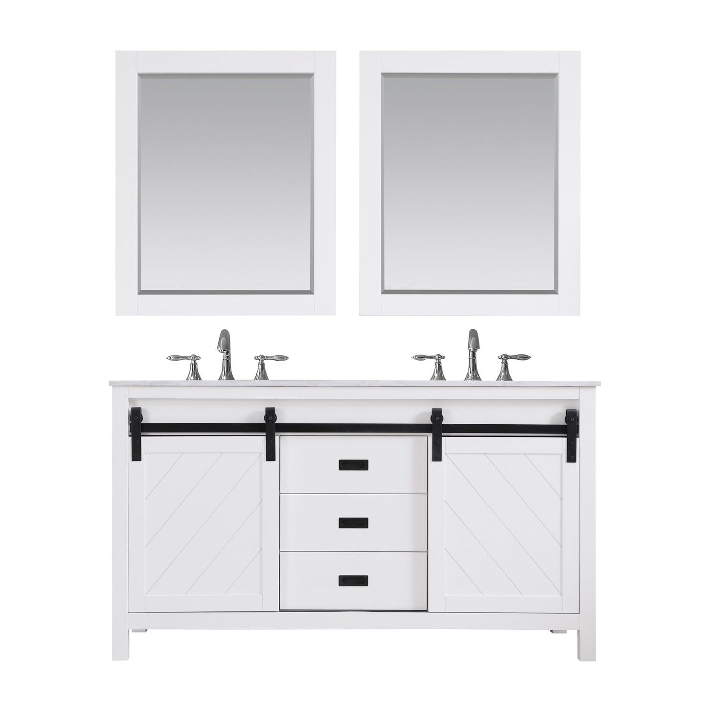 Kinsley 60" Double Bathroom Vanity Set in White and Carrara White Marble Countertop with Mirror