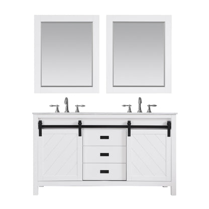 Kinsley 60" Double Bathroom Vanity Set in White and Carrara White Marble Countertop with Mirror