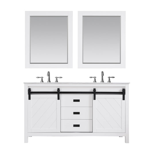 Kinsley 60" Double Bathroom Vanity Set in White and Carrara White Marble Countertop with Mirror