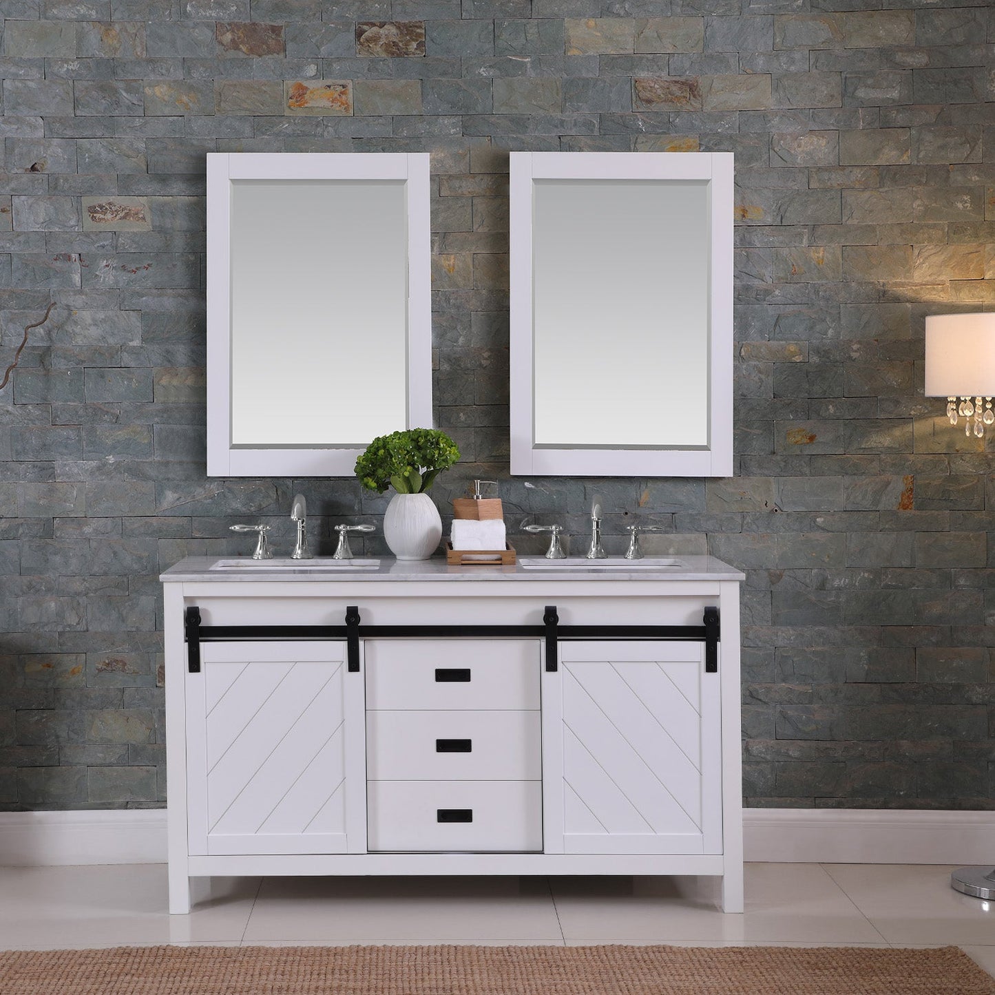 Kinsley 60" Double Bathroom Vanity Set in White and Carrara White Marble Countertop with Mirror