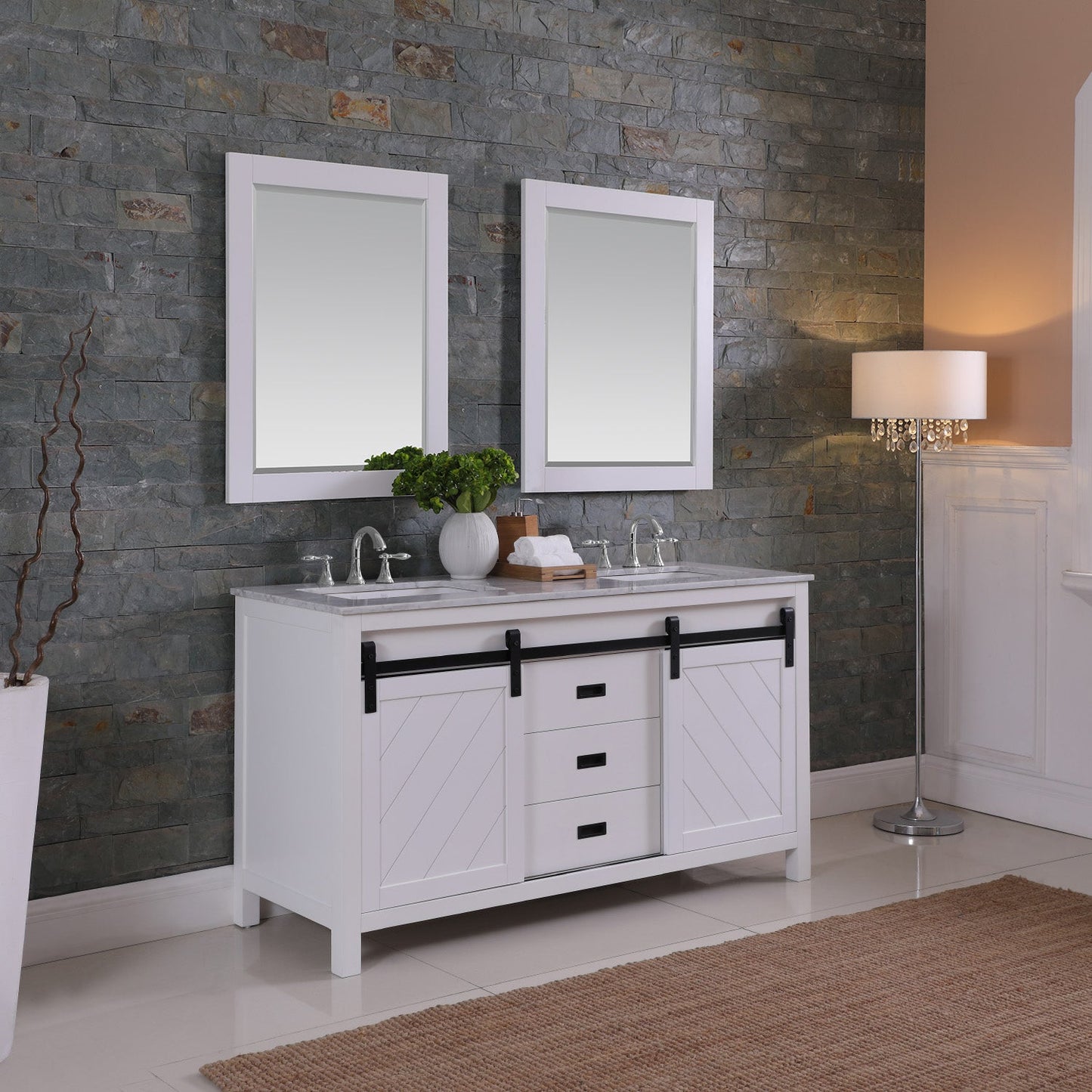 Kinsley 60" Double Bathroom Vanity Set in White and Carrara White Marble Countertop with Mirror