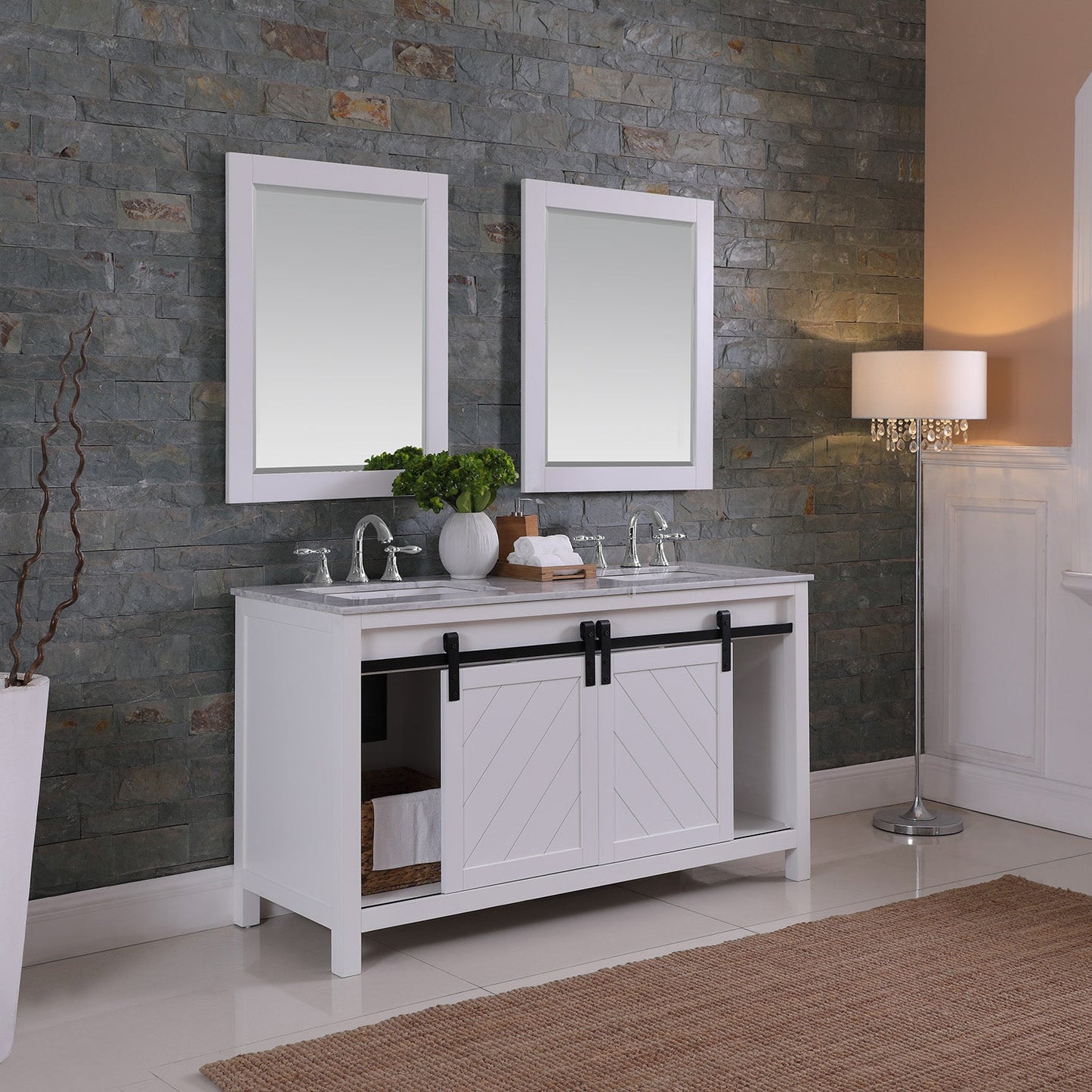 Kinsley 60" Double Bathroom Vanity Set in White and Carrara White Marble Countertop with Mirror