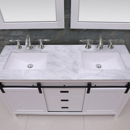 Kinsley 60" Double Bathroom Vanity Set in White and Carrara White Marble Countertop with Mirror