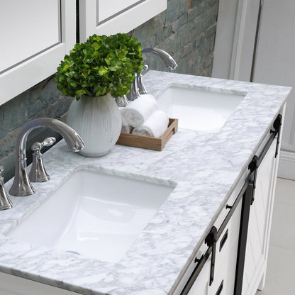 Kinsley 60" Double Bathroom Vanity Set in White and Carrara White Marble Countertop with Mirror
