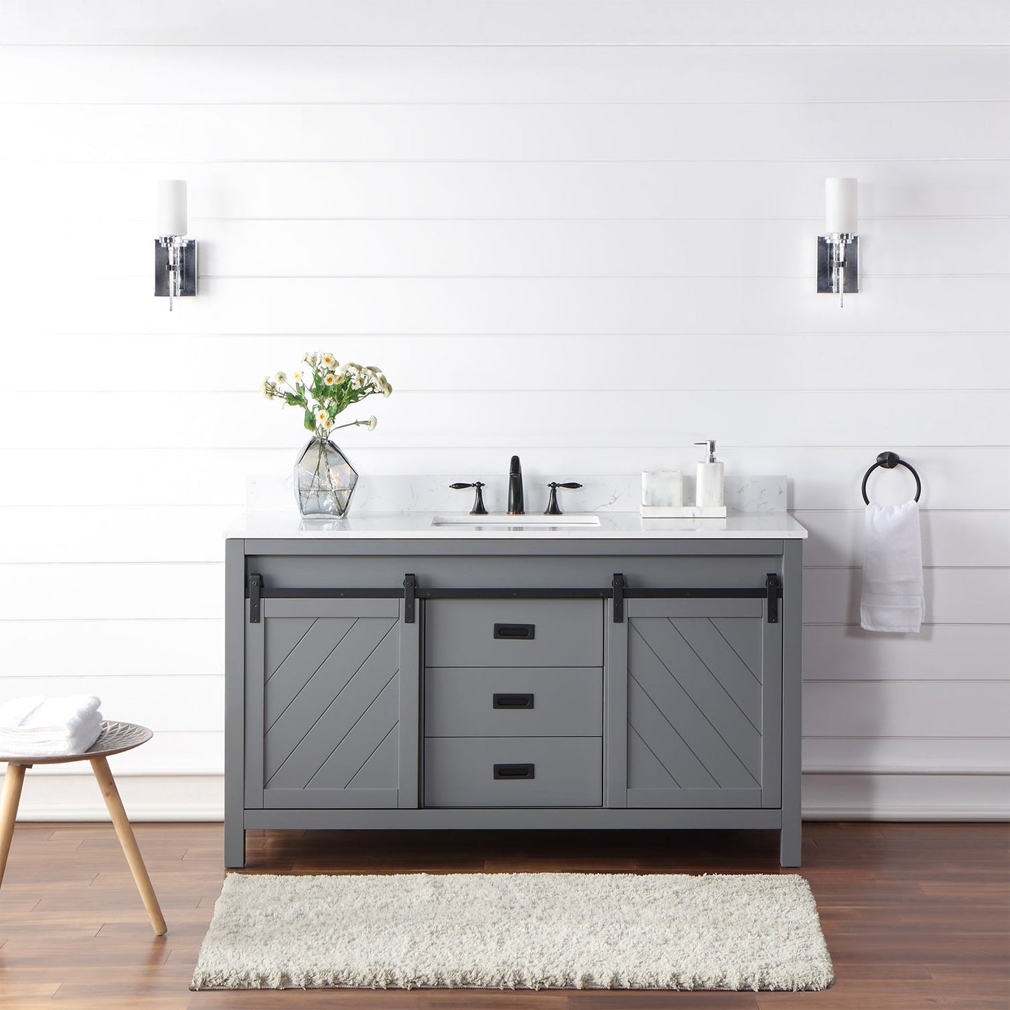 Kinsley 60" Single Bathroom Vanity Set in Gray and Aosta White Engineered Stone Countertop without Mirror