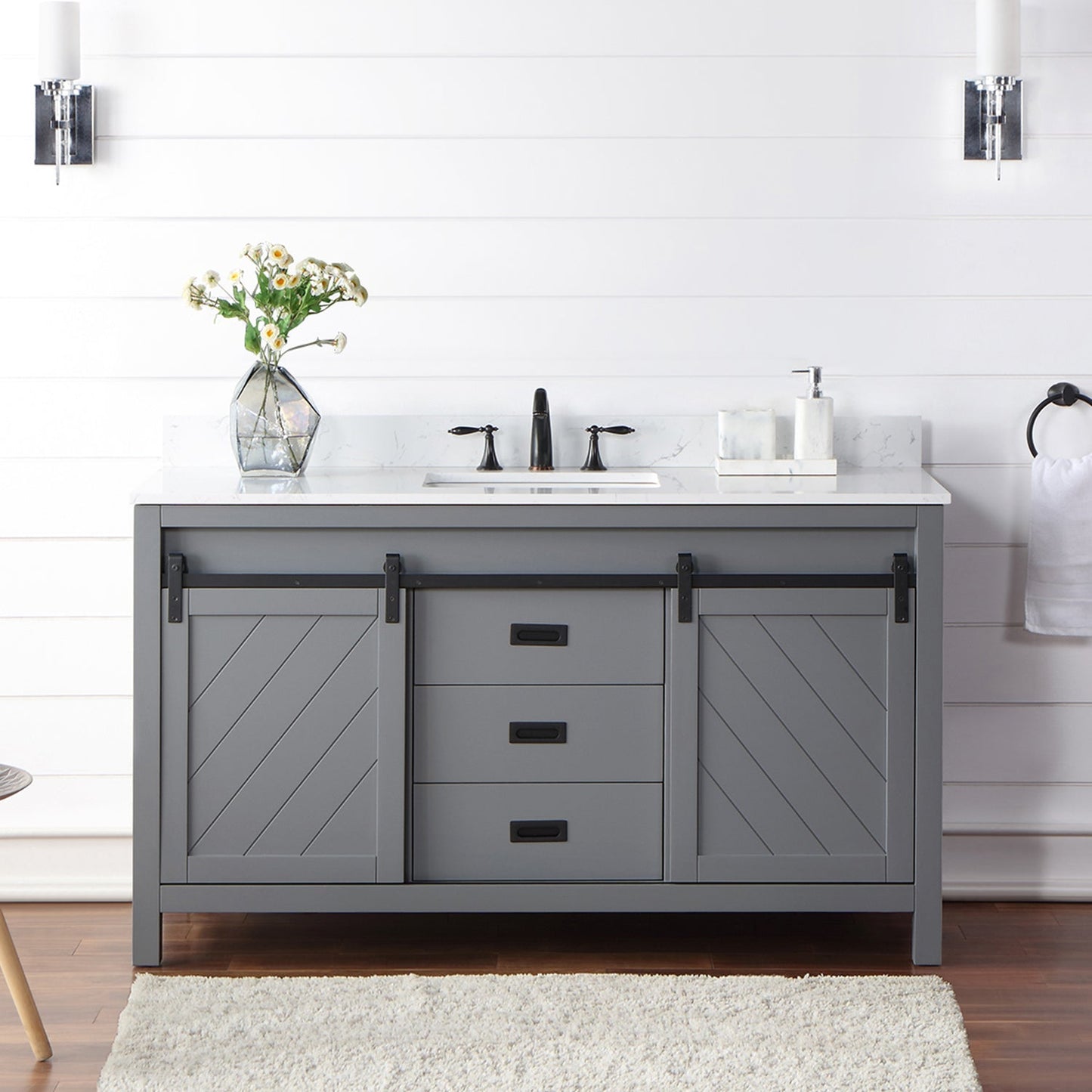 Kinsley 60" Single Bathroom Vanity Set in Gray and Aosta White Engineered Stone Countertop without Mirror
