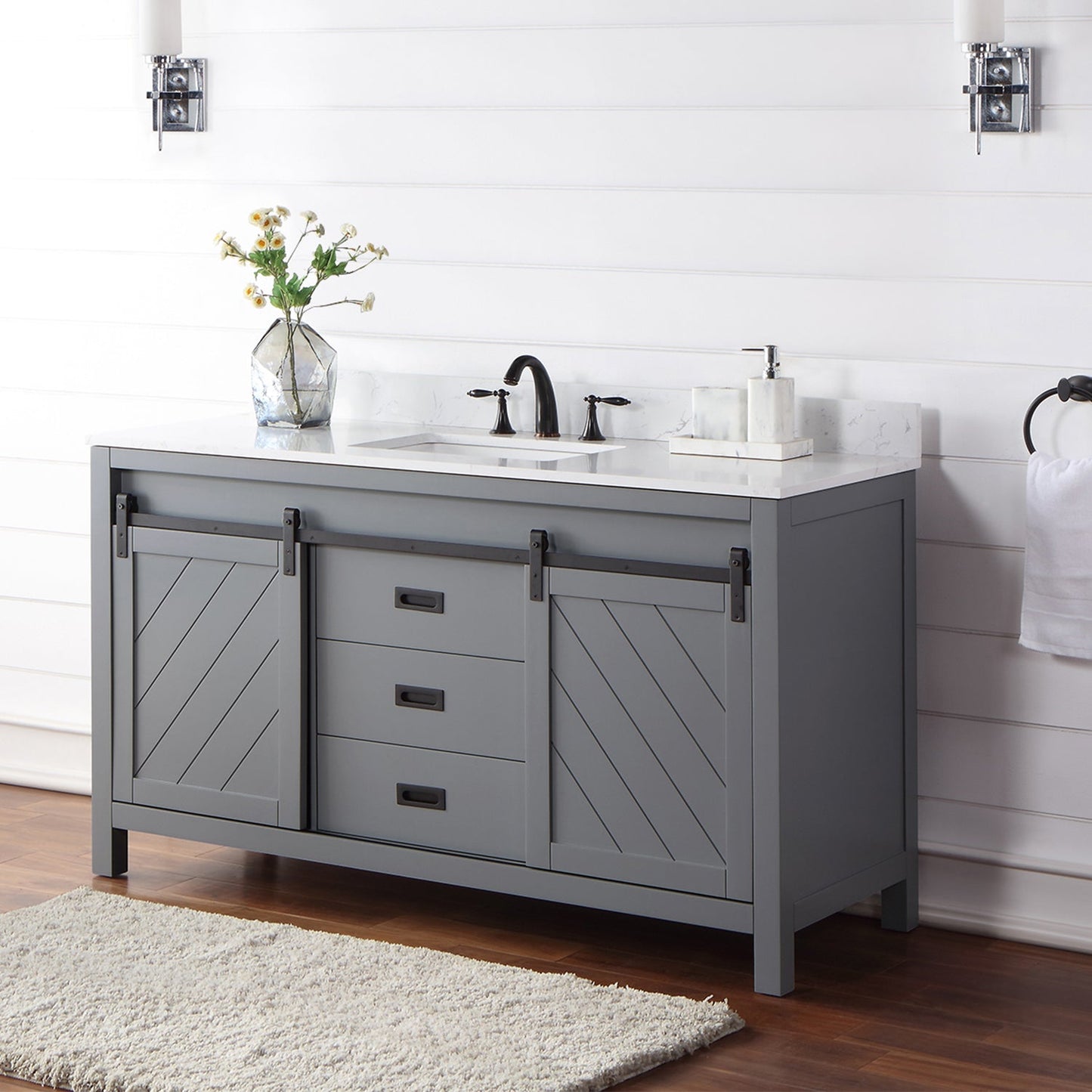 Kinsley 60" Single Bathroom Vanity Set in Gray and Aosta White Engineered Stone Countertop without Mirror