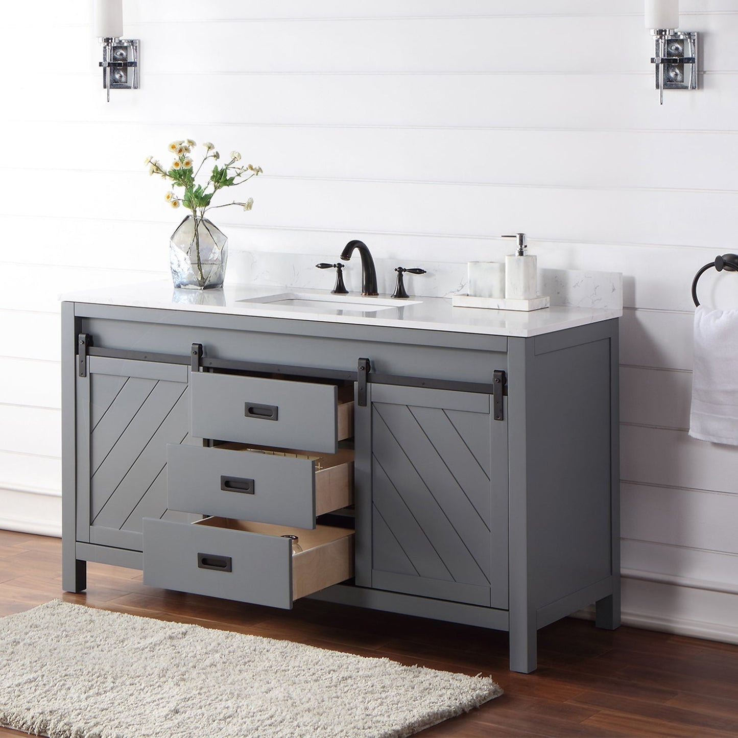 Kinsley 60" Single Bathroom Vanity Set in Gray and Aosta White Engineered Stone Countertop without Mirror