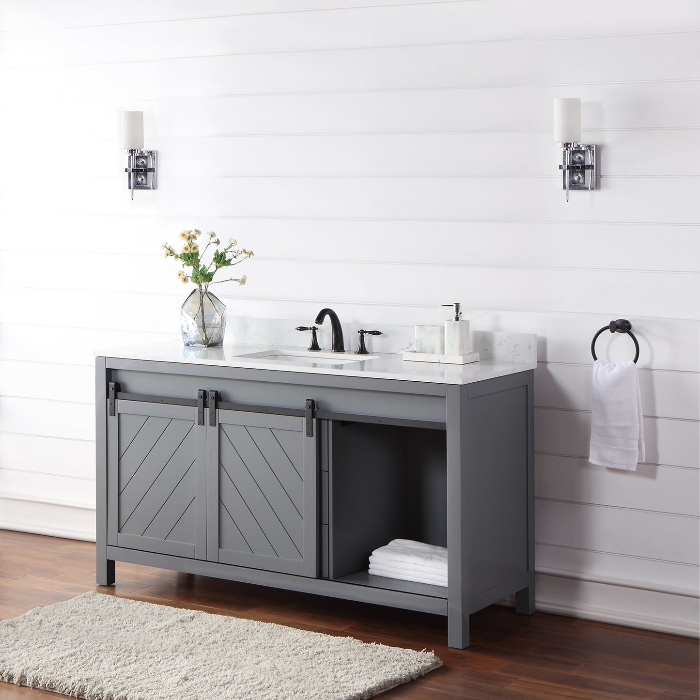 Kinsley 60" Single Bathroom Vanity Set in Gray and Aosta White Engineered Stone Countertop without Mirror