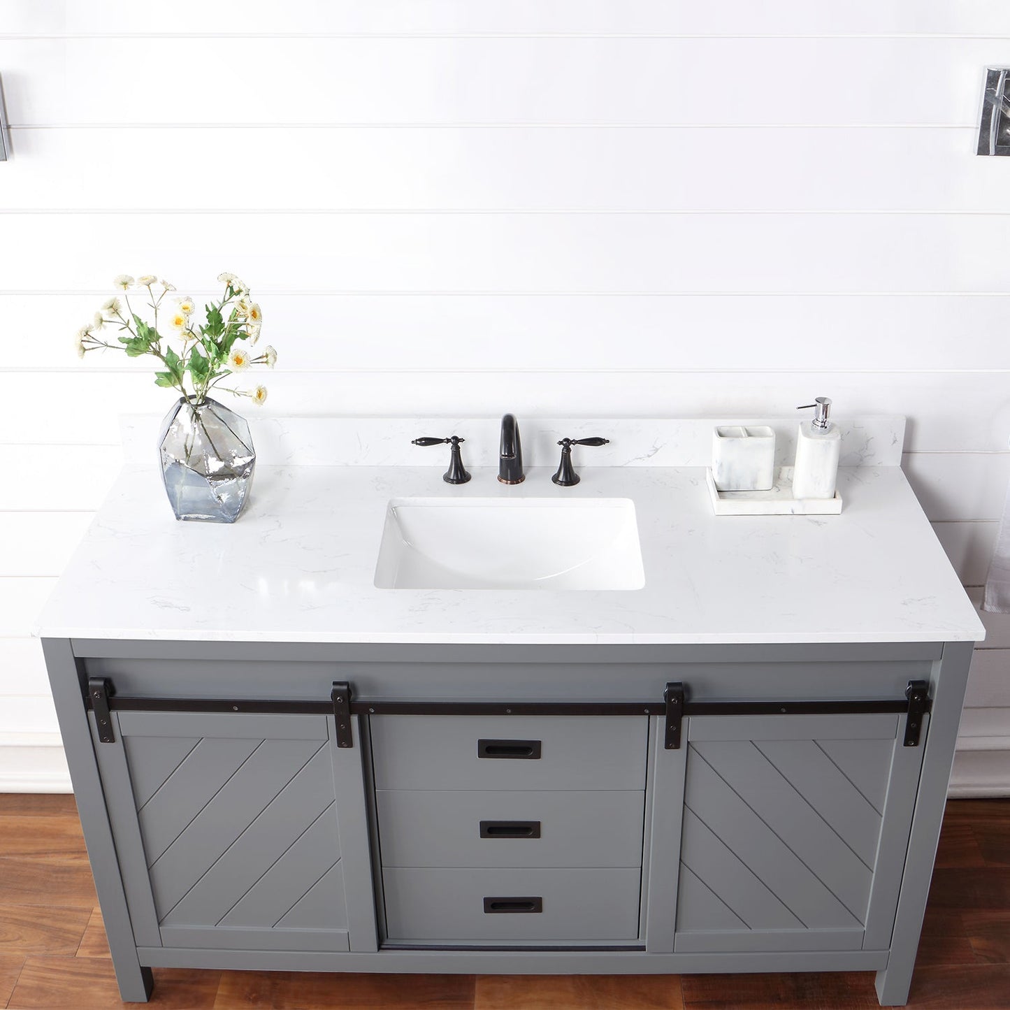 Kinsley 60" Single Bathroom Vanity Set in Gray and Aosta White Engineered Stone Countertop without Mirror