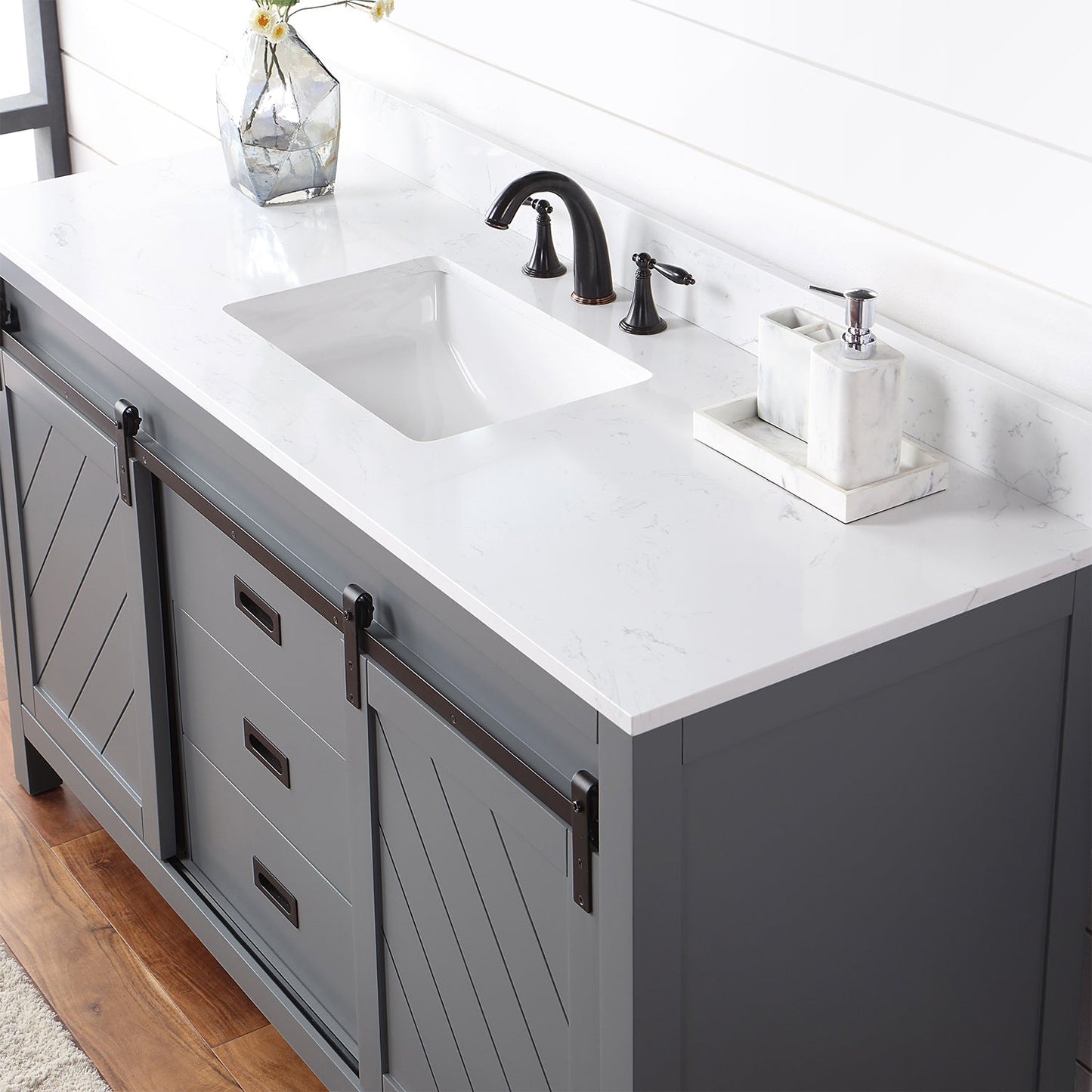 Kinsley 60" Single Bathroom Vanity Set in Gray and Aosta White Engineered Stone Countertop without Mirror