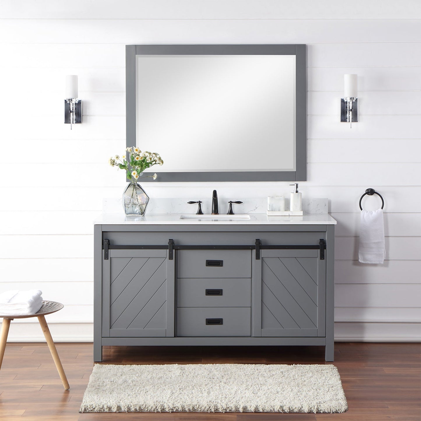 Kinsley 60" Single Bathroom Vanity Set in Gray and Aosta White Engineered Stone Countertop with Mirror