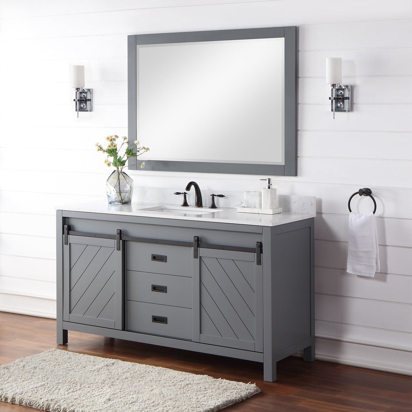 Kinsley 60" Single Bathroom Vanity Set in Gray and Aosta White Engineered Stone Countertop with Mirror