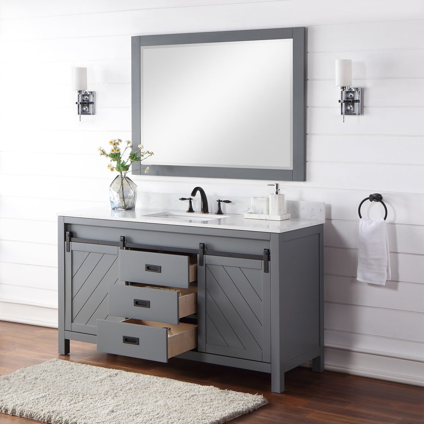 Kinsley 60" Single Bathroom Vanity Set in Gray and Aosta White Engineered Stone Countertop with Mirror