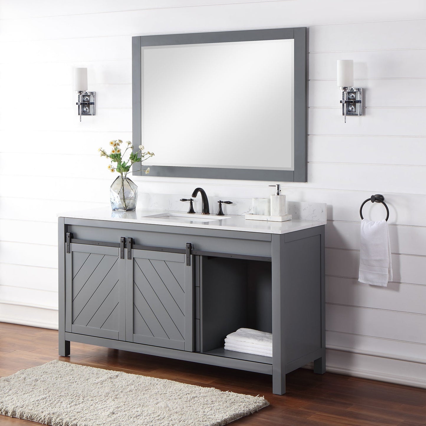 Kinsley 60" Single Bathroom Vanity Set in Gray and Aosta White Engineered Stone Countertop with Mirror