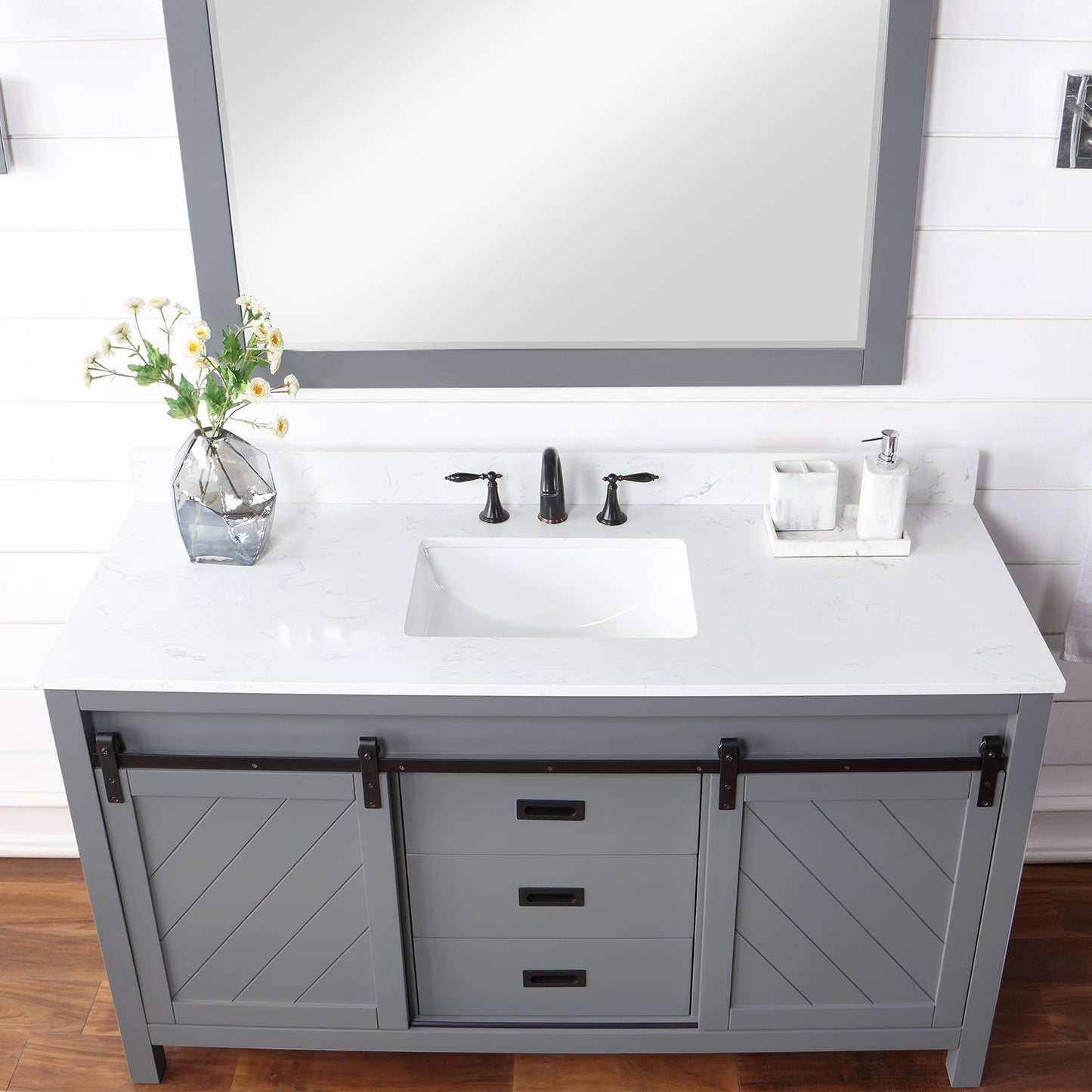 Kinsley 60" Single Bathroom Vanity Set in Gray and Aosta White Engineered Stone Countertop with Mirror