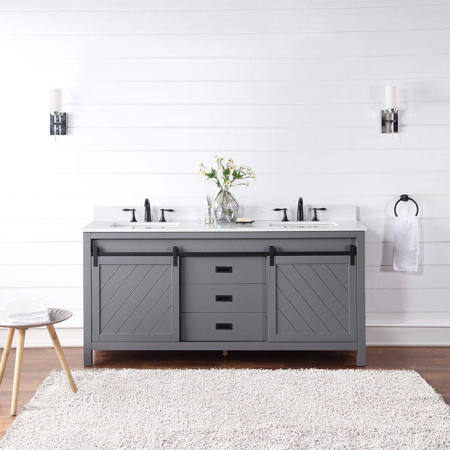 Kinsley 72" Double Bathroom Vanity Set in Gray and Aosta White Engineered Stone Countertop without Mirror