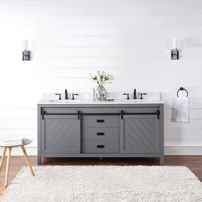 Kinsley 72" Double Bathroom Vanity Set in Gray and Aosta White Engineered Stone Countertop without Mirror