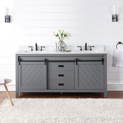 Kinsley 72" Double Bathroom Vanity Set in Gray and Aosta White Engineered Stone Countertop without Mirror