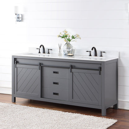 Kinsley 72" Double Bathroom Vanity Set in Gray and Aosta White Engineered Stone Countertop without Mirror