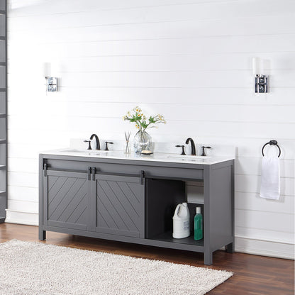 Kinsley 72" Double Bathroom Vanity Set in Gray and Aosta White Engineered Stone Countertop without Mirror