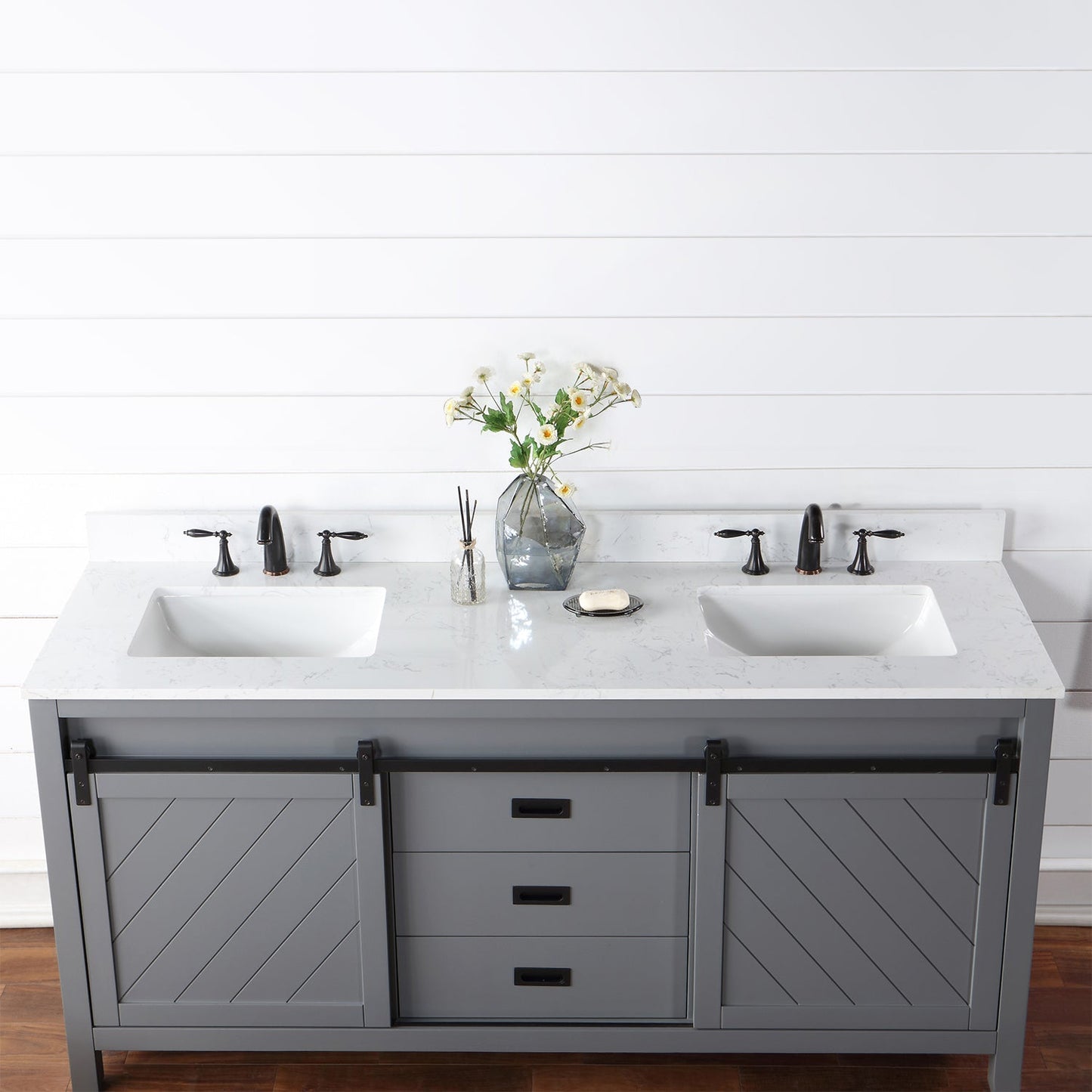 Kinsley 72" Double Bathroom Vanity Set in Gray and Aosta White Engineered Stone Countertop without Mirror