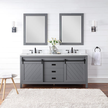 Kinsley 72" Double Bathroom Vanity Set in Gray and Aosta White Engineered Stone Countertop with Mirror
