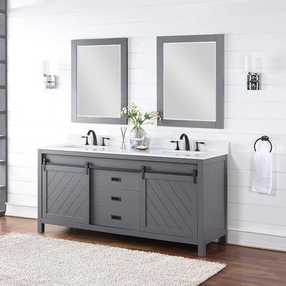 Kinsley 72" Double Bathroom Vanity Set in Gray and Aosta White Engineered Stone Countertop with Mirror