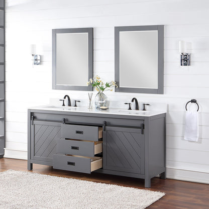Kinsley 72" Double Bathroom Vanity Set in Gray and Aosta White Engineered Stone Countertop with Mirror