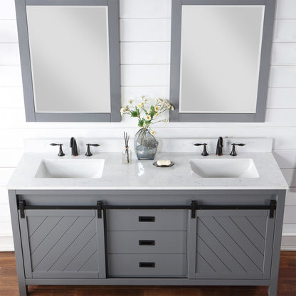 Kinsley 72" Double Bathroom Vanity Set in Gray and Aosta White Engineered Stone Countertop with Mirror