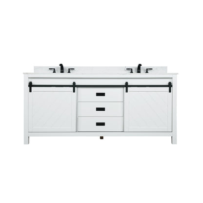 Kinsley 72" Double Bathroom Vanity Set in White and Carrara White Marble Countertop without Mirror