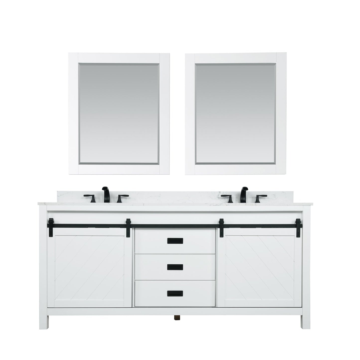 Kinsley 72" Double Bathroom Vanity Set in White and Carrara White Marble Countertop with Mirror
