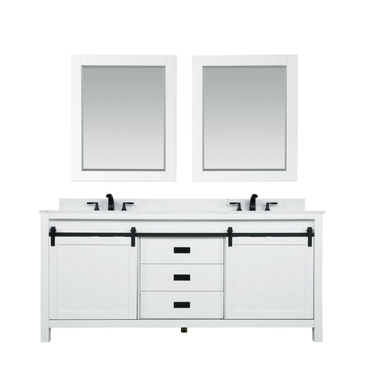 Kinsley 72" Double Bathroom Vanity Set in White and Carrara White Marble Countertop with Mirror