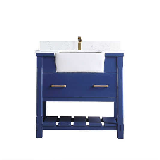 Georgia 36" Single Bathroom Vanity Set in Jewelry Blue and Aosta White Composite Stone Top with White Farmhouse Basin without Mirror