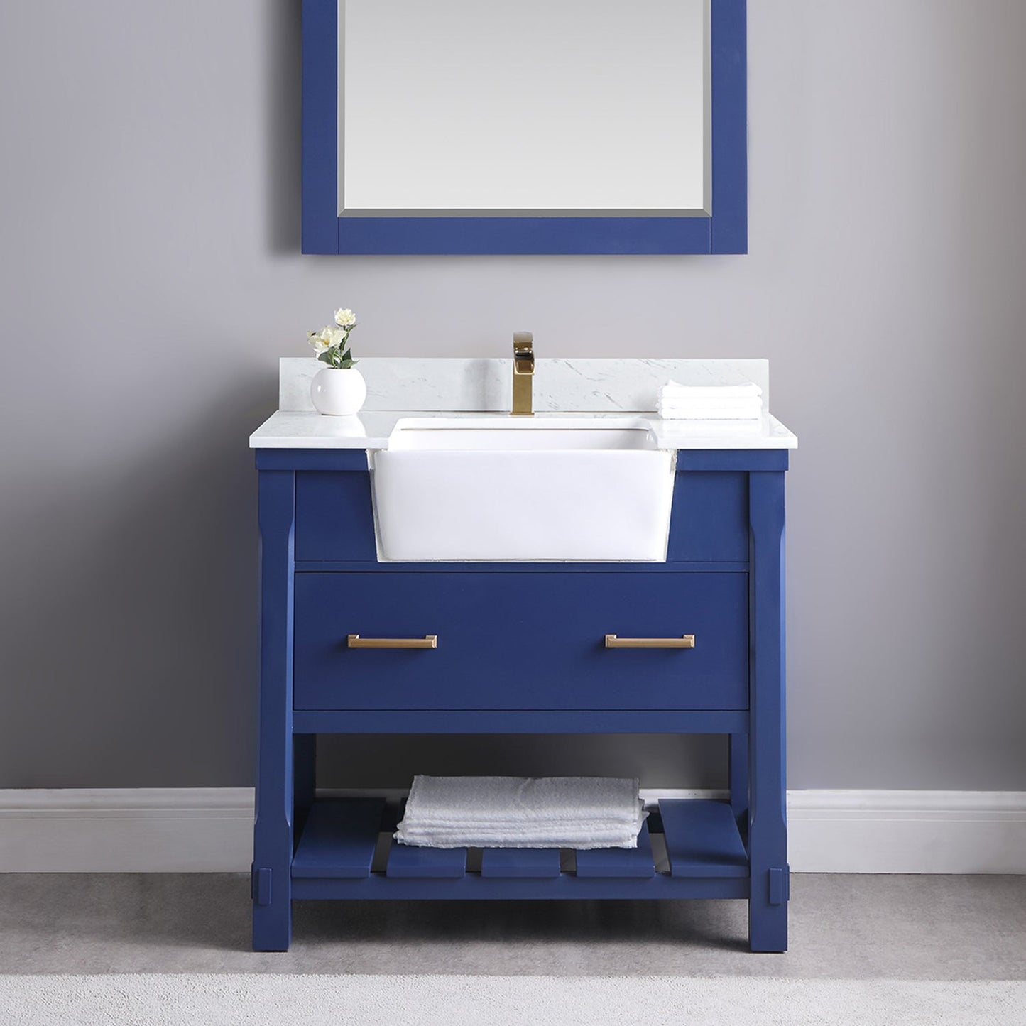 Georgia 36" Single Bathroom Vanity Set in Jewelry Blue and Aosta White Composite Stone Top with White Farmhouse Basin without Mirror