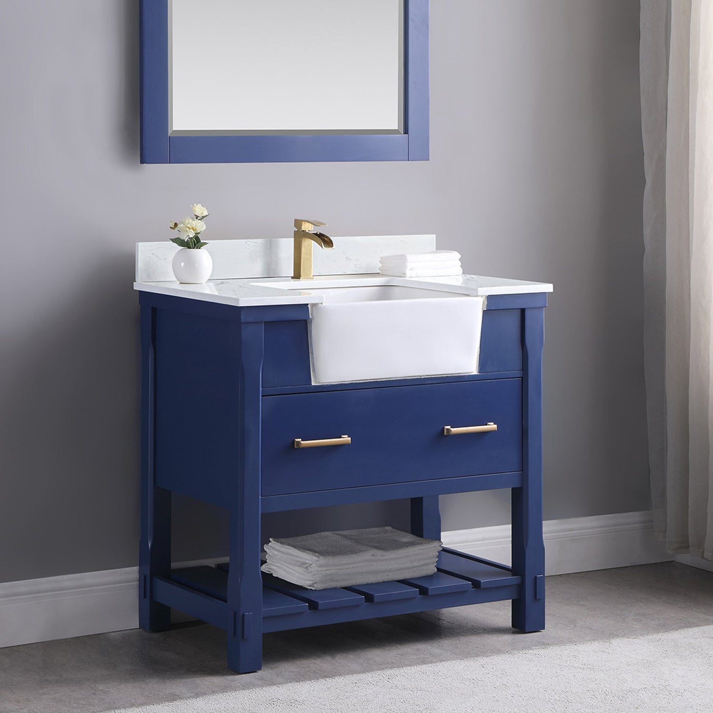 Georgia 36" Single Bathroom Vanity Set in Jewelry Blue and Aosta White Composite Stone Top with White Farmhouse Basin without Mirror