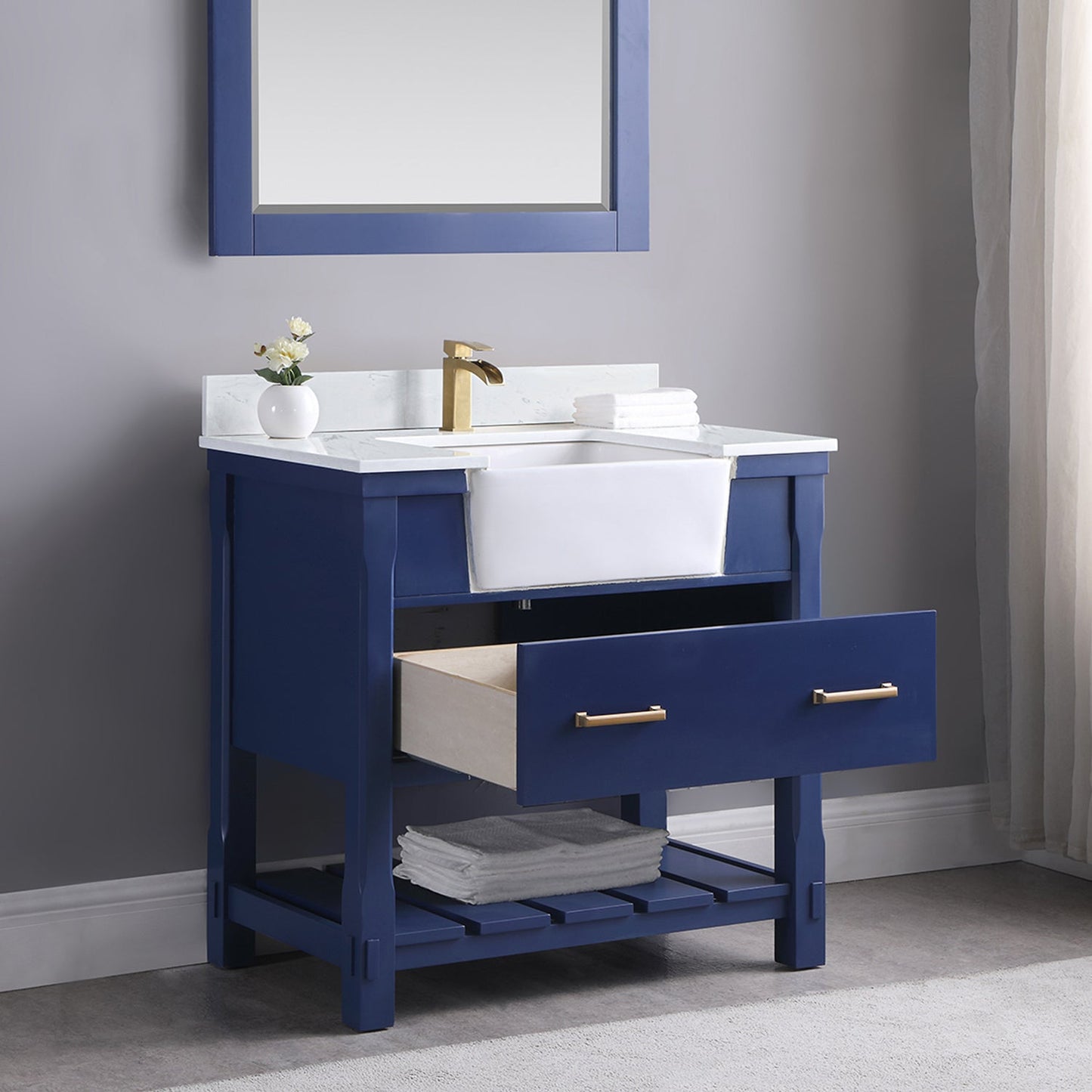 Georgia 36" Single Bathroom Vanity Set in Jewelry Blue and Aosta White Composite Stone Top with White Farmhouse Basin without Mirror