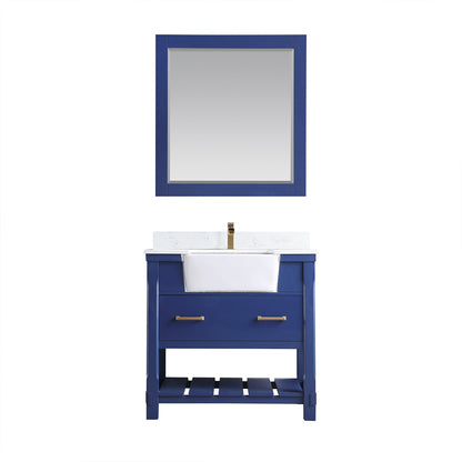 Georgia 36" Single Bathroom Vanity Set in Jewelry Blue and Aosta White Composite Stone Top with White Farmhouse Basin with Mirror